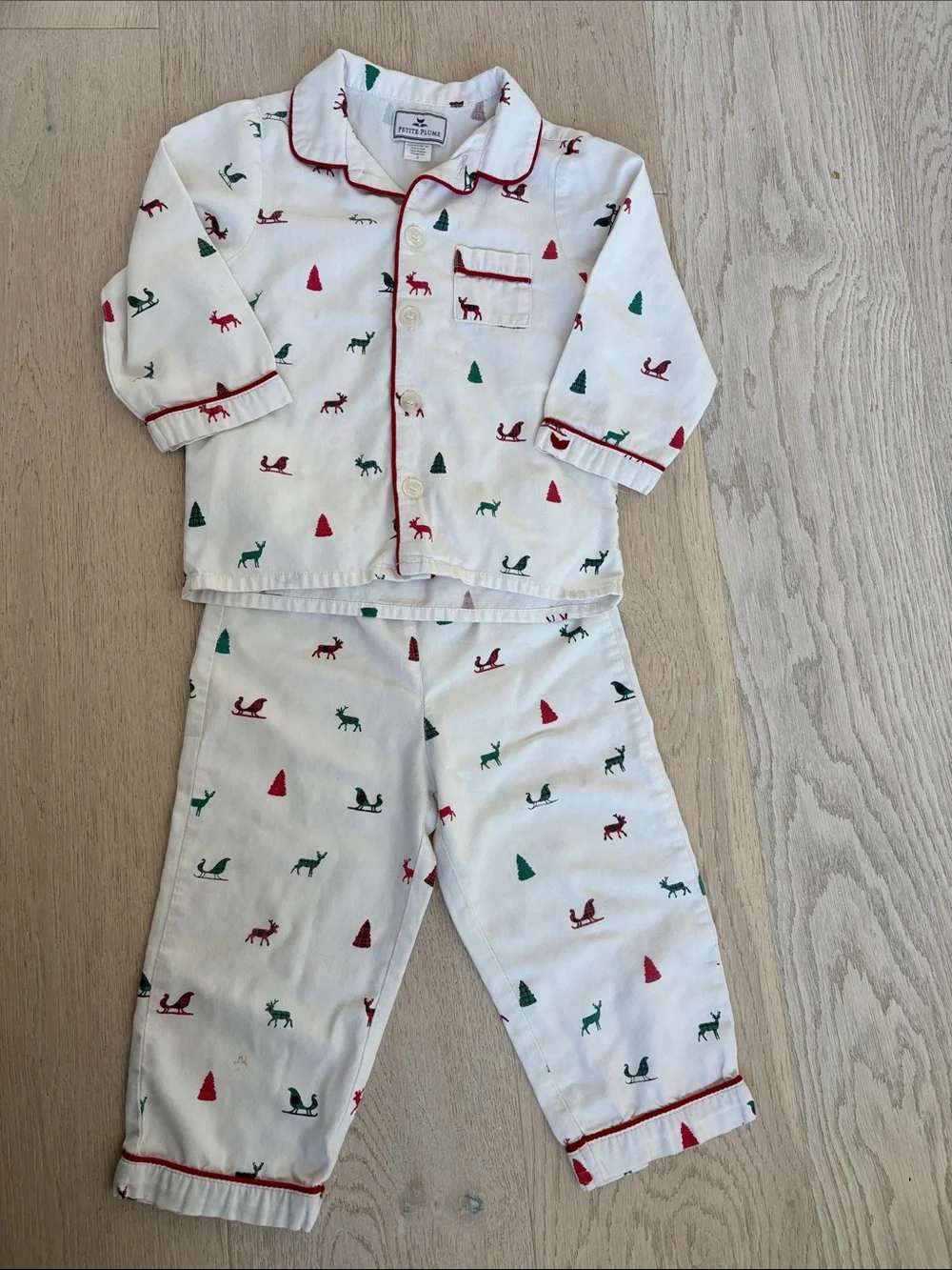 Petit Plume Kids White Holiday Pajama Set with Red & Green Accents
